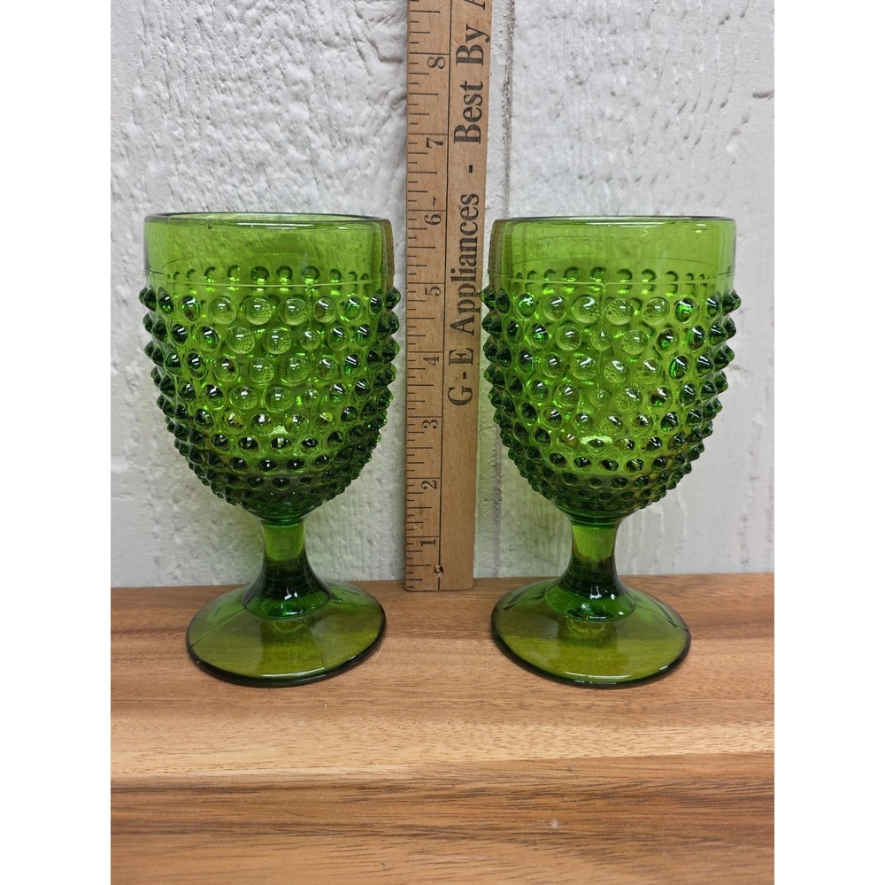 Vtg Fenton Green Hobnail Water Globet Set Of 2 Wine Cup Glass - Picture 6 of 6